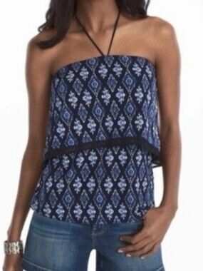 White House Black Market Navy and Light Blue Printed Strapless Top Tube Halter